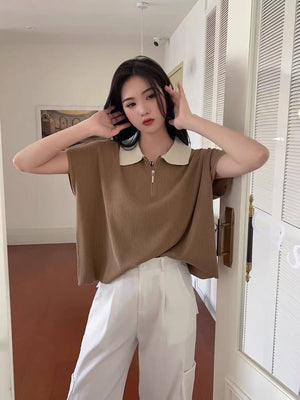 Front Zipper Color Contrasted Collar Neck Oversize Knitted Polo Top