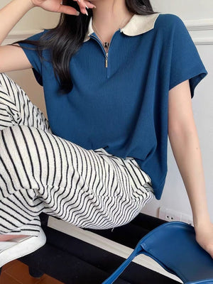 Front Zipper Color Contrasted Collar Neck Oversize Knitted Polo Top