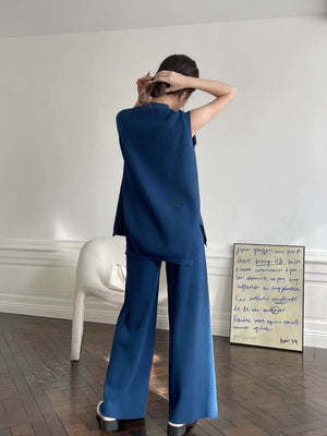 Knitted Split Sleeveless Top & Garter Pants 2 in 1 Coords Terno Set