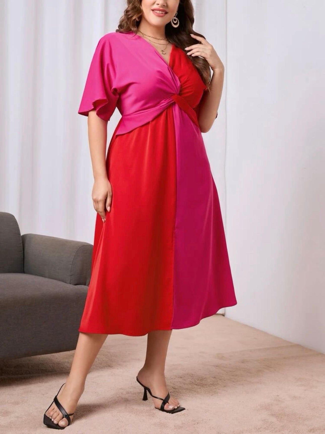 2 Tone Twisted Bowknot Oversize Sleeve Plus Size Dress