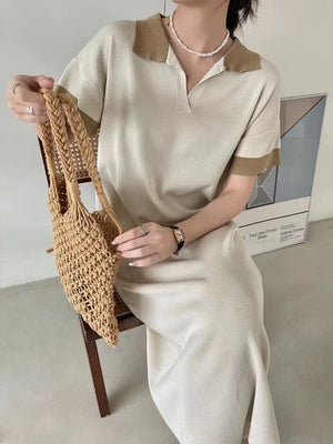 Two Tone Collar Neck Patch Sleeve Oversize Knitted Polo Dress