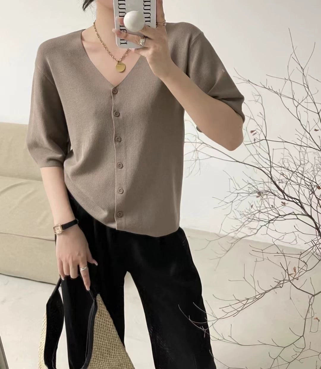 Working Button V-neck Half Sleeve Oversize Knitted Top