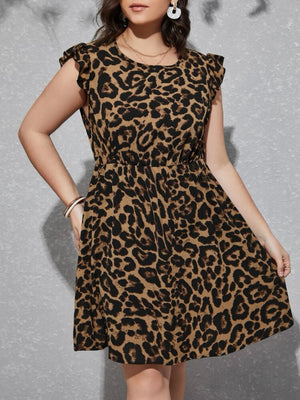 【L-XXL】 Leopard Pattern Garter Waist Plus Size Dress