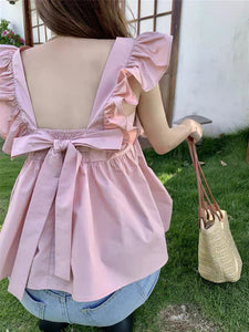 Ruffle Sleeve Square Neck Shirred Back w/ Bowknot Tie Babydoll Top