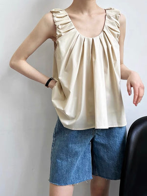 Multi Ruffle Pleated Neckline Solid Color Office Style Top