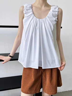 Multi Ruffle Pleated Neckline Solid Color Office Style Top