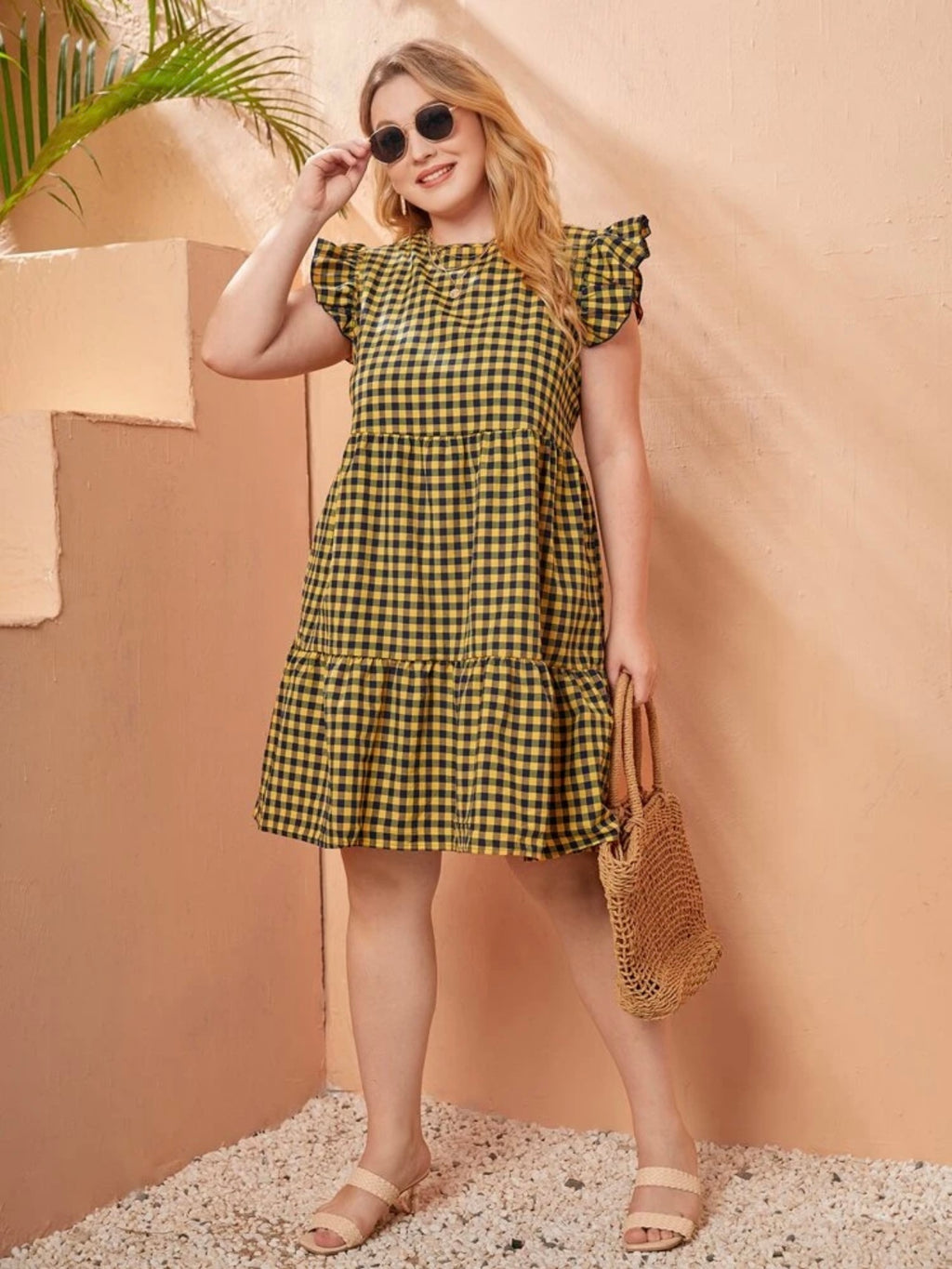 Chequer Pattern Ruffle Sleeve Flounce Babydoll Plus Size Dress