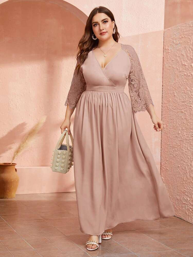 Embroidered Lace Sleeve Surplice Plus Size Dress