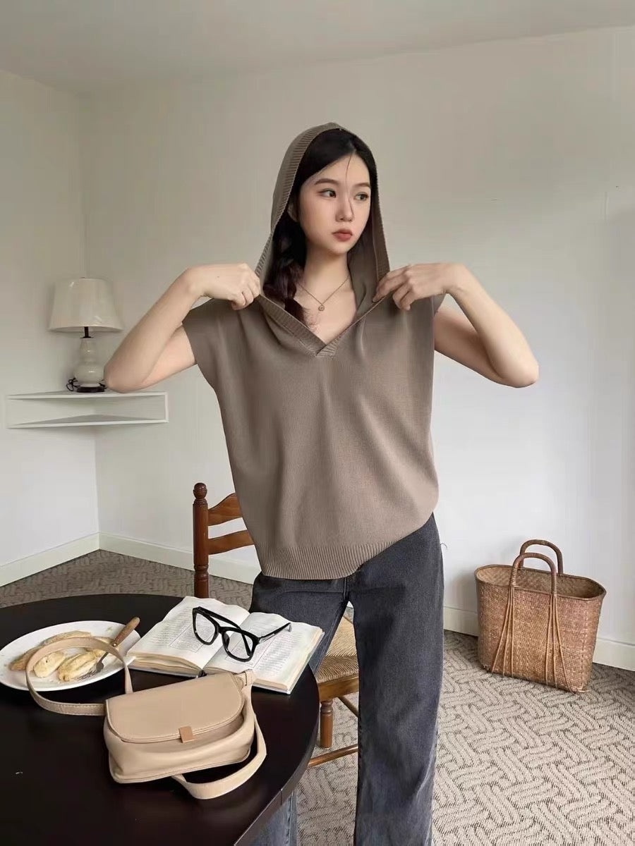 V-neck Hoodie Oversize Knitted Top