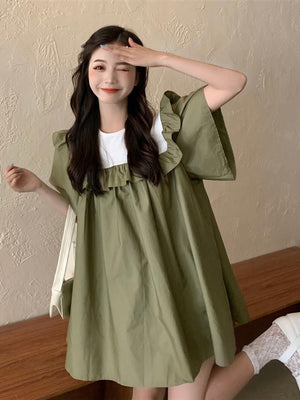 Ruffle Upper Color Contrasted Loose Sleeve Babydoll Dress
