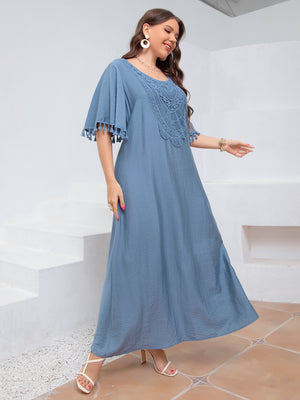 Embroidery Lace Front Tassel Sleeve Plus Size Dress