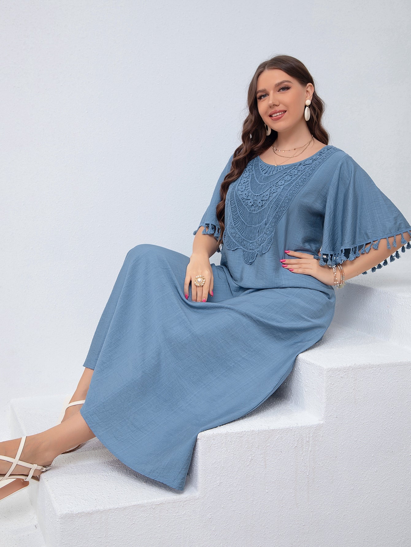 Embroidery Lace Front Tassel Sleeve Plus Size Dress