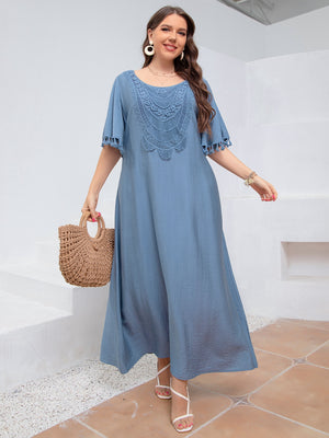 Embroidery Lace Front Tassel Sleeve Plus Size Dress