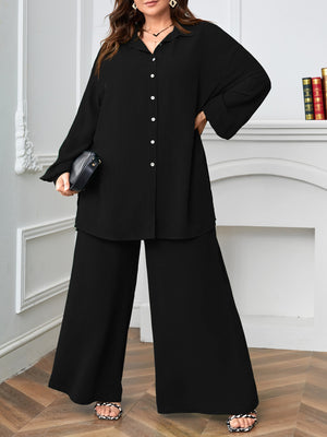 Button Down Long Sleeve Polo Neck Shirt Top & Wide Leg Pants Plus Size Terno Set Coords