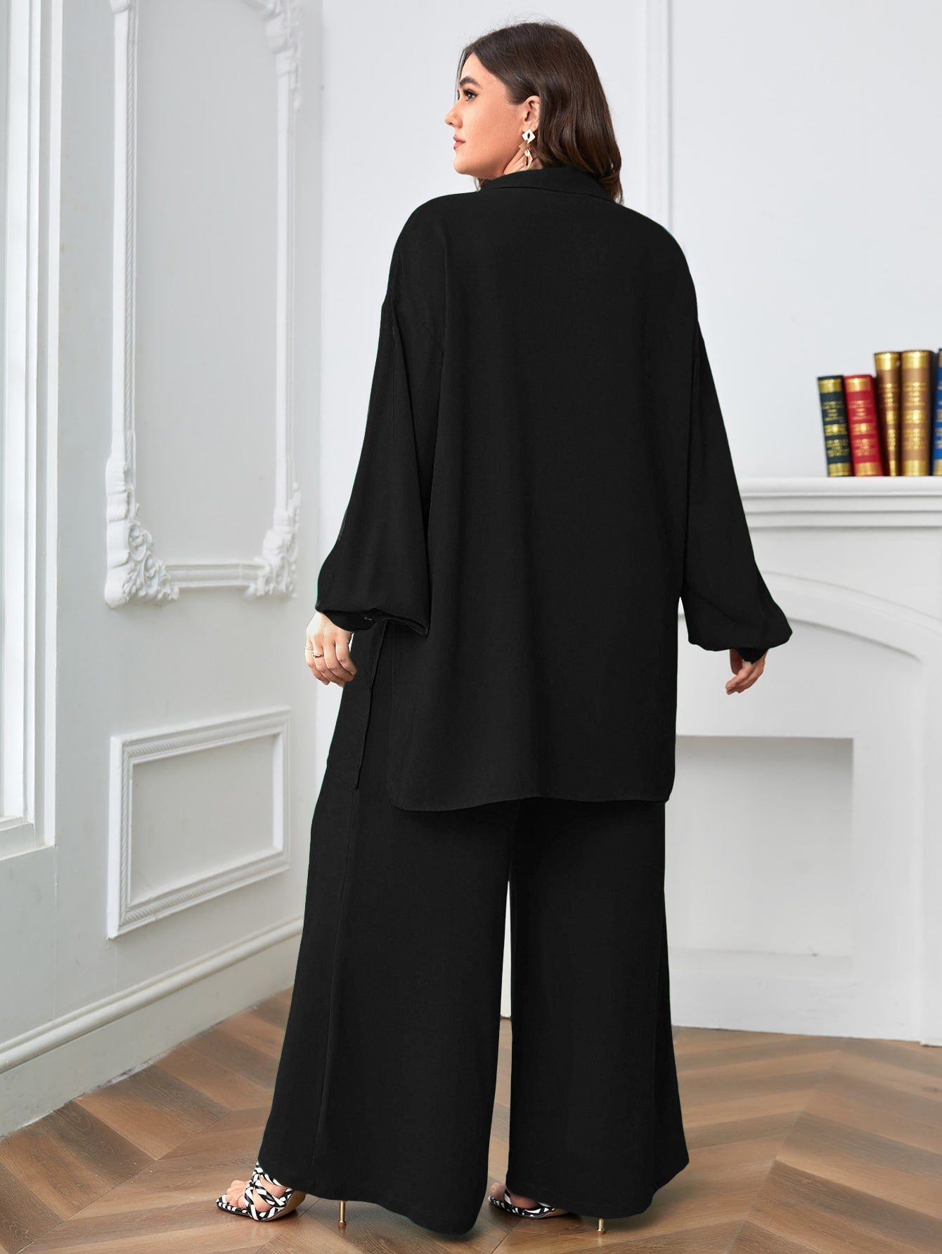 Button Down Long Sleeve Polo Neck Shirt Top & Wide Leg Pants Plus Size Terno Set Coords