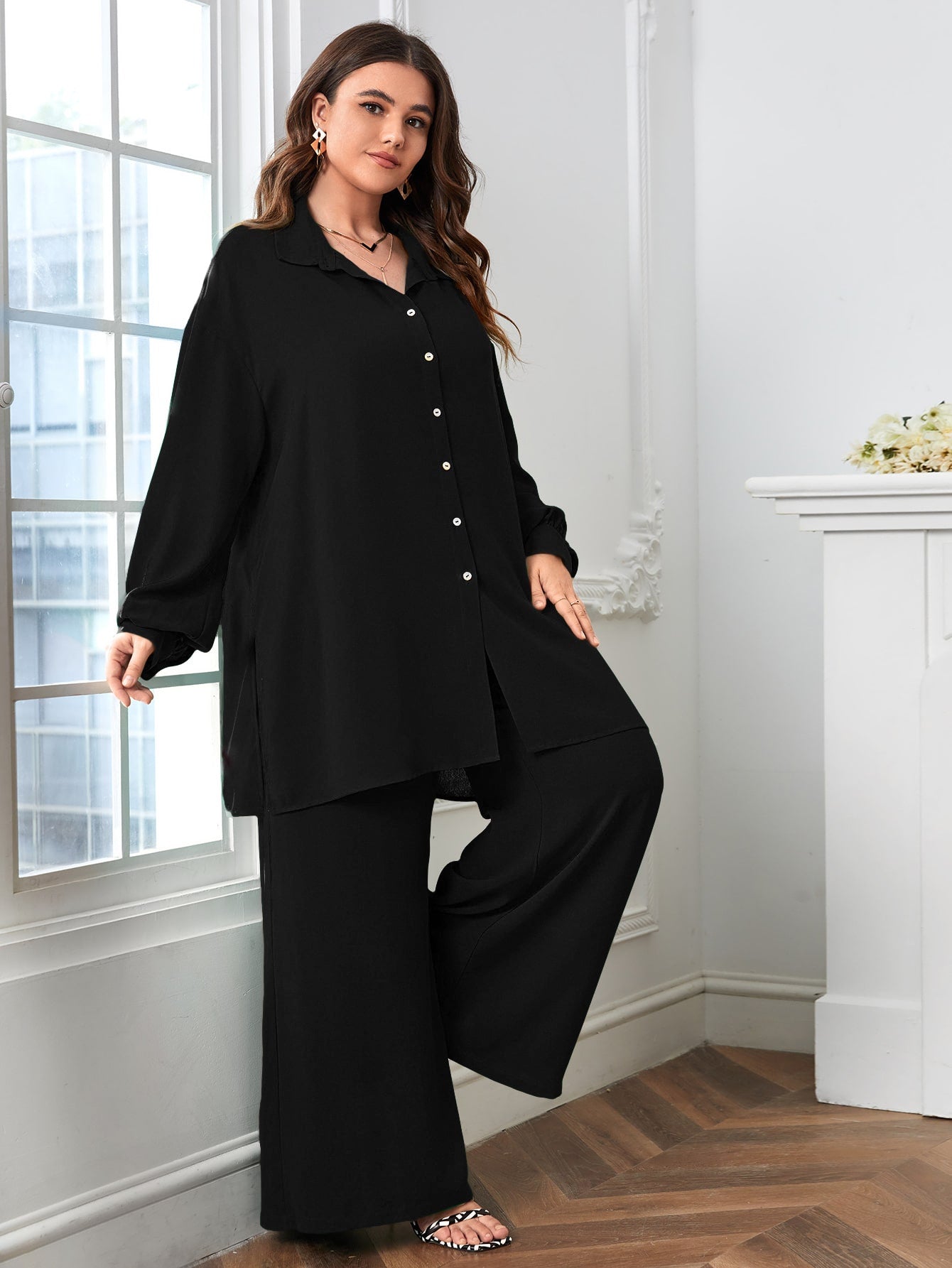 Button Down Long Sleeve Polo Neck Shirt Top & Wide Leg Pants Plus Size Terno Set Coords