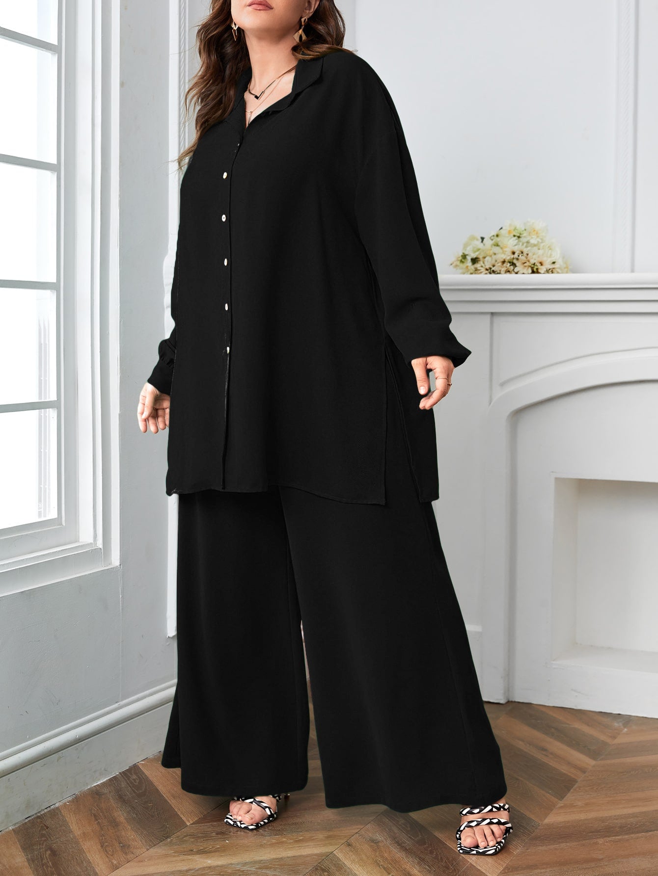 Button Down Long Sleeve Polo Neck Shirt Top & Wide Leg Pants Plus Size Terno Set Coords