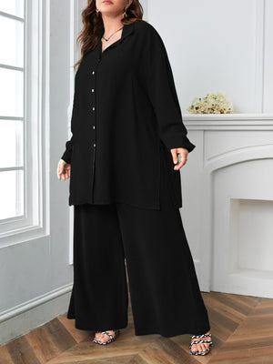 Button Down Long Sleeve Polo Neck Shirt Top & Wide Leg Pants Plus Size Terno Set Coords