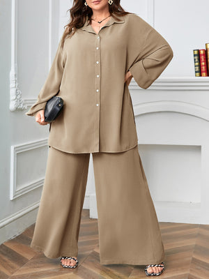 Button Down Long Sleeve Polo Neck Shirt Top & Wide Leg Pants Plus Size Terno Set Coords