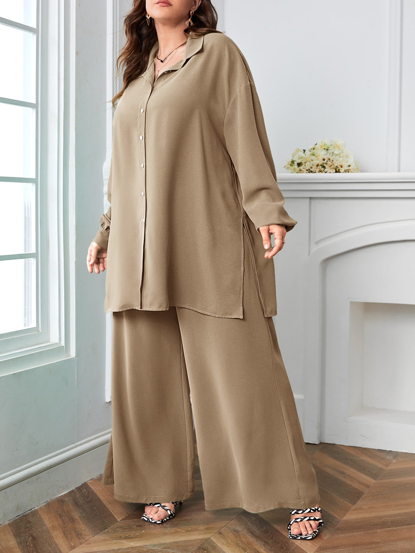 Button Down Long Sleeve Polo Neck Shirt Top & Wide Leg Pants Plus Size Terno Set Coords