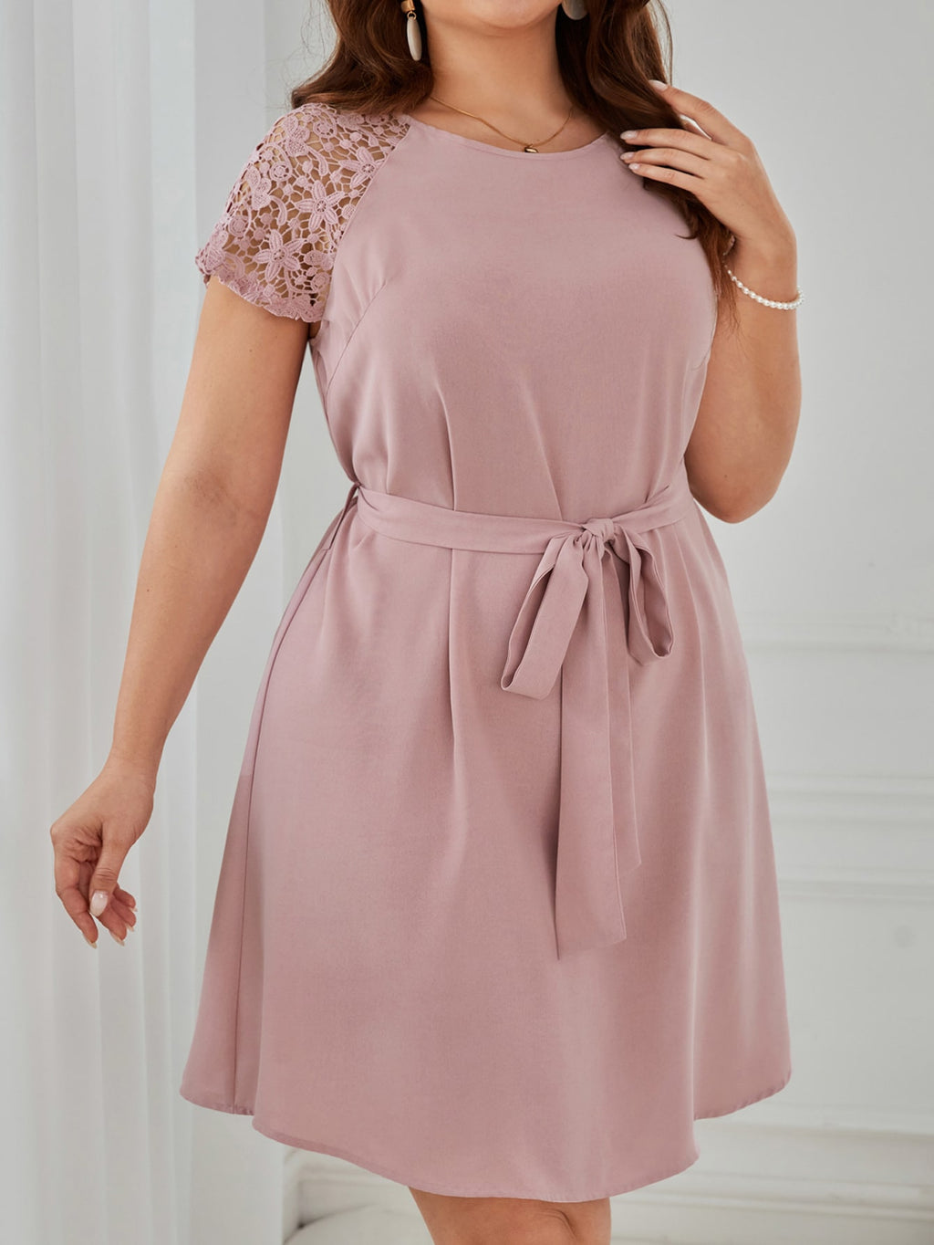 Embroidery Lace Self Belt Single Button Plus Size Dress