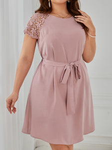 Embroidery Lace Self Belt Single Button Plus Size Dress