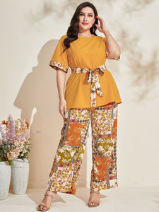 Self Belt Top & Vintage Floral Garter Pants Plus Size Terno Set Coords