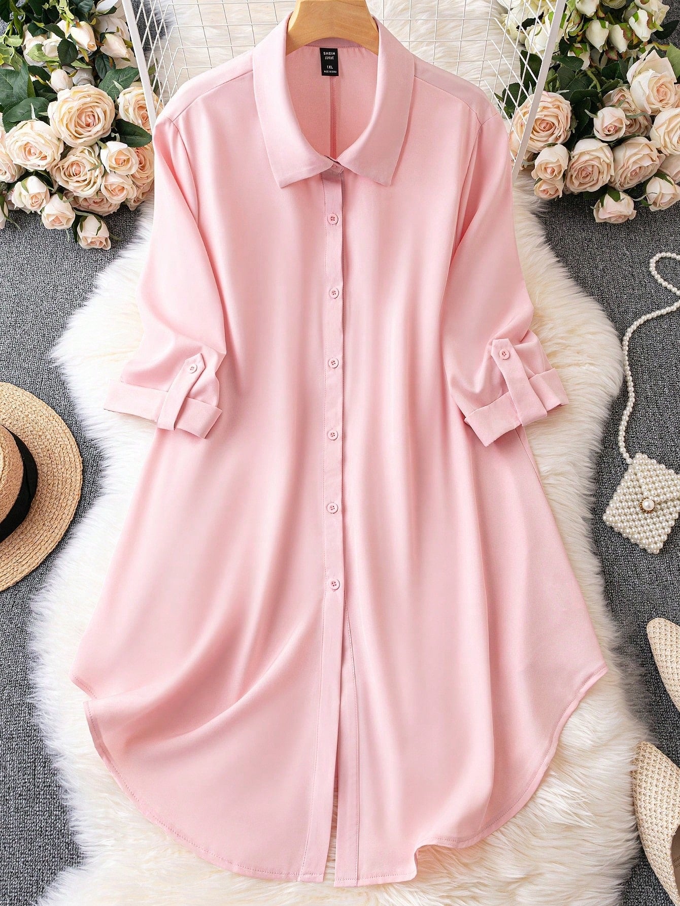 Button Down Collar Neck 3/4 Sleeve Polo Shirt Plus Size Dress