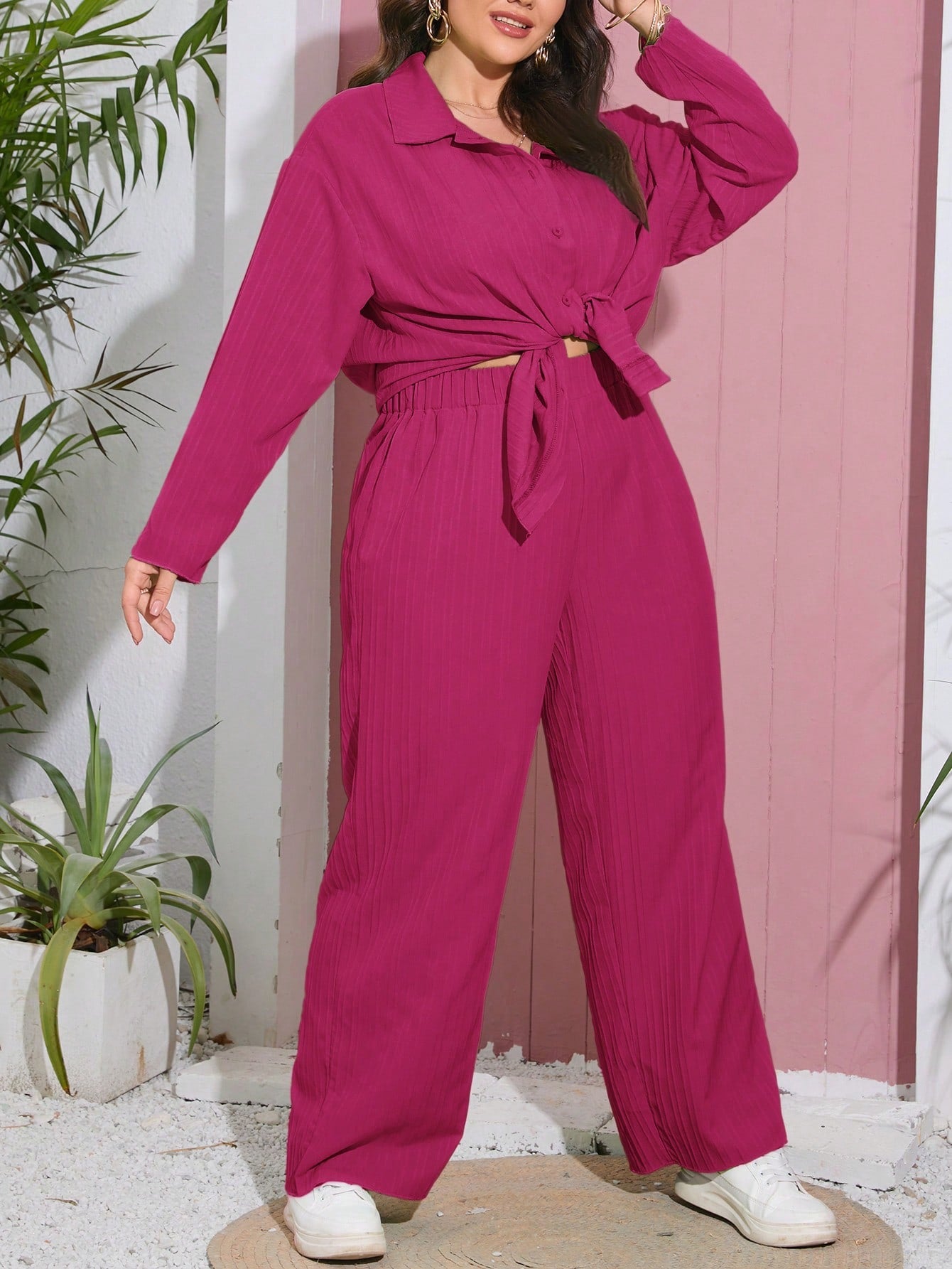 Button Down Collar Neck Long Sleeve Top & Garter Pants Plus Size Terno Set Coords