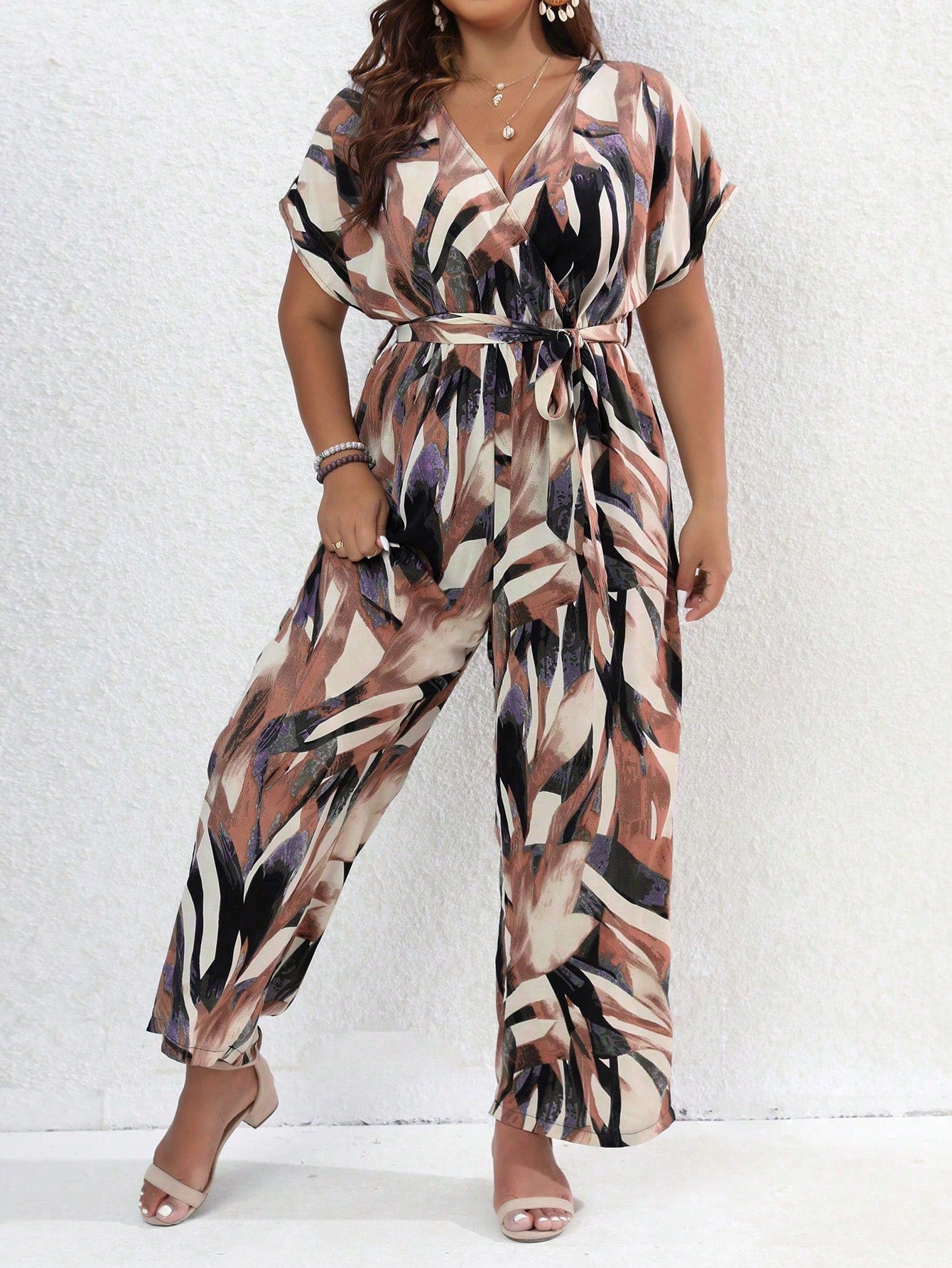 Batwing Sleeve Self Belt Surplice V-neck Plant Pattern Plus Size Jumpsuit