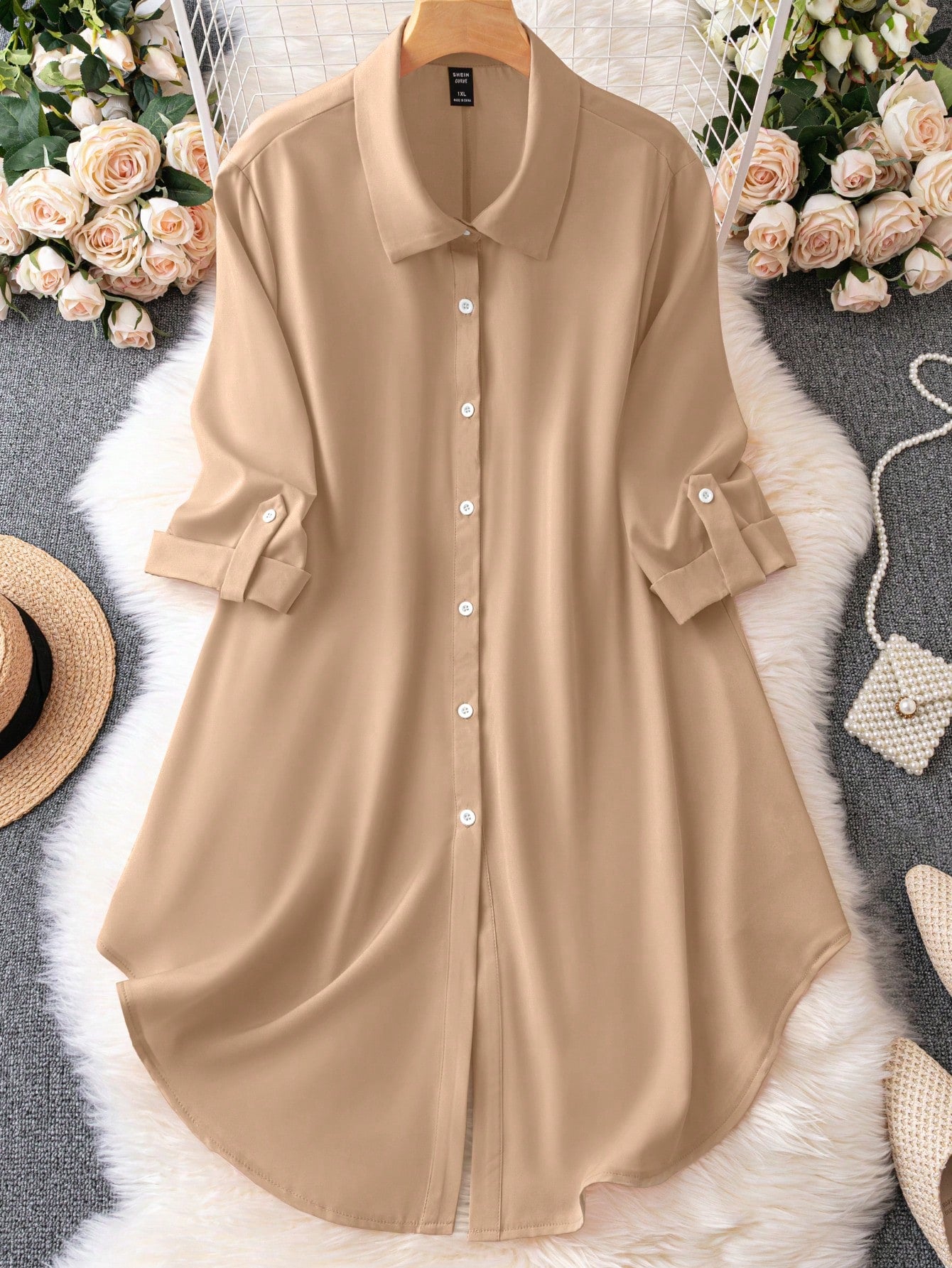 Button Down Collar Neck 3/4 Sleeve Polo Shirt Plus Size Dress