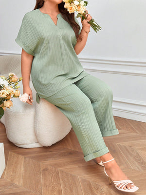 Fold-up Batwing Sleeve Top & Side Pocket Fold-up Leg Garter Pants Plus Size Terno Set Coords