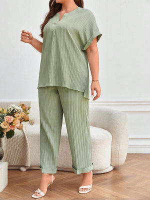 Fold-up Batwing Sleeve Top & Side Pocket Fold-up Leg Garter Pants Plus Size Terno Set Coords