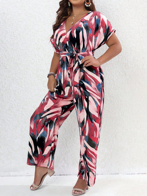 Batwing Sleeve Self Belt Surplice V-neck Plant Pattern Plus Size Jumpsuit