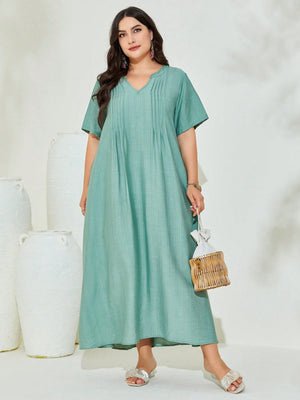 V-neck Pleated Line Plus Size Dress