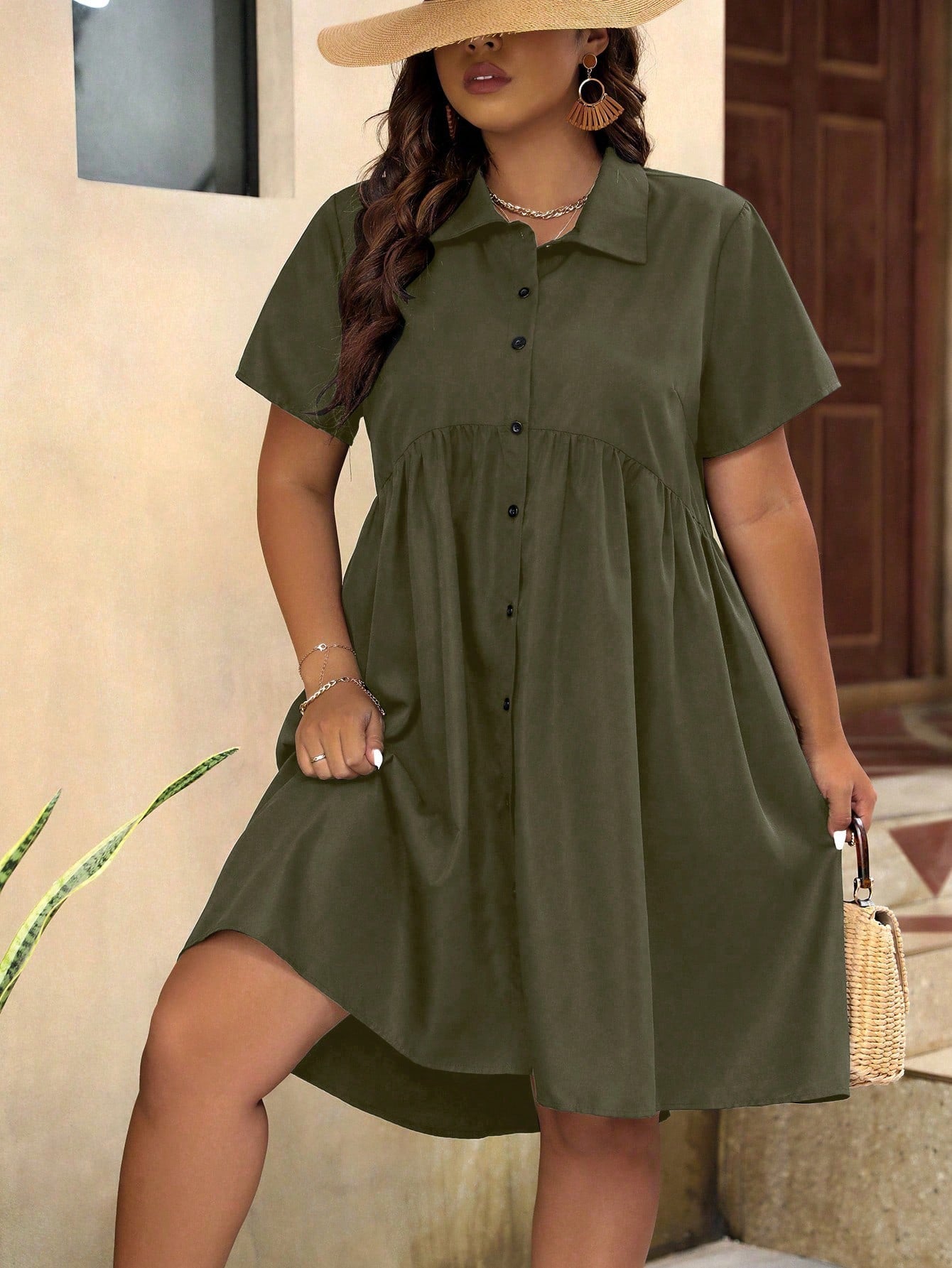 Button Down Polo Neck Plus Size Shirt Dress