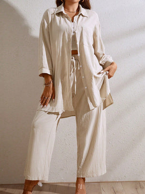 Button Down 3/4 Sleeve Single Pocket Side Slit Top & Drawstring Garter Side Pocket Pants Plus Size Terno Set