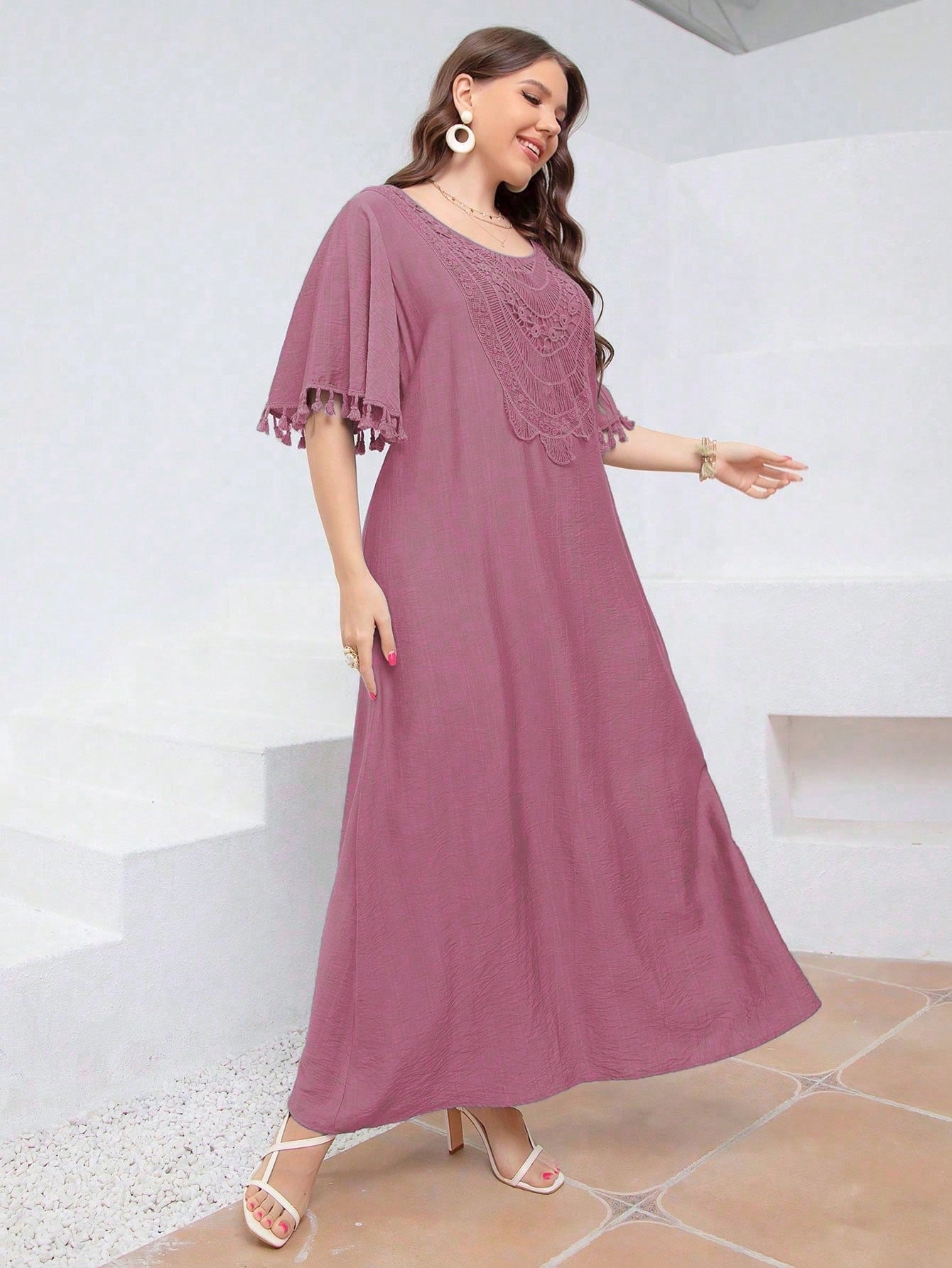 Embroidery Lace Front Tassel Sleeve Plus Size Dress