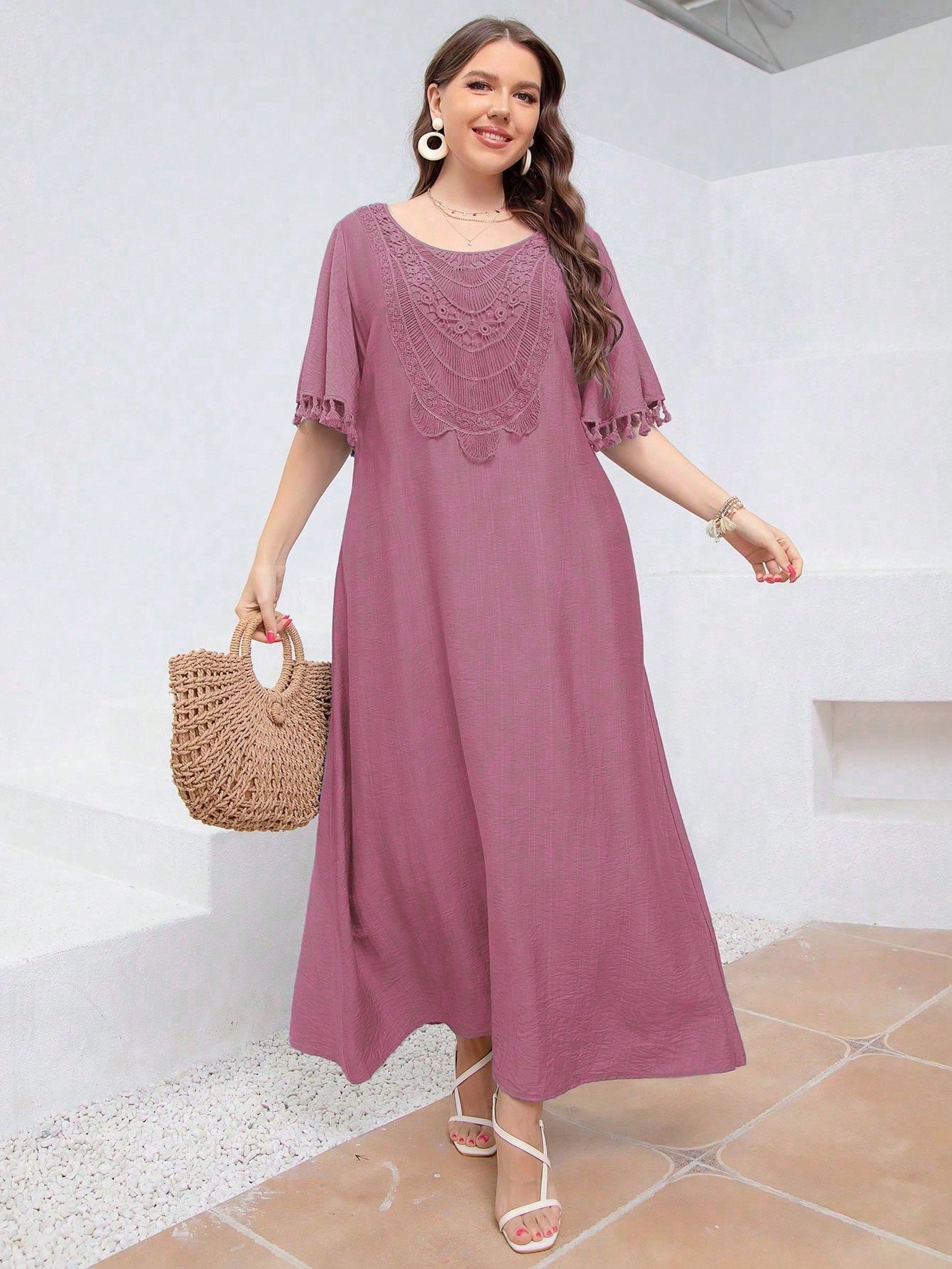 Embroidery Lace Front Tassel Sleeve Plus Size Dress