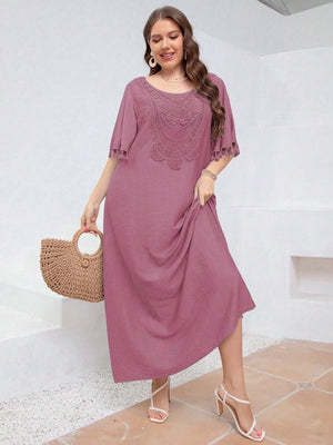 Embroidery Lace Front Tassel Sleeve Plus Size Dress