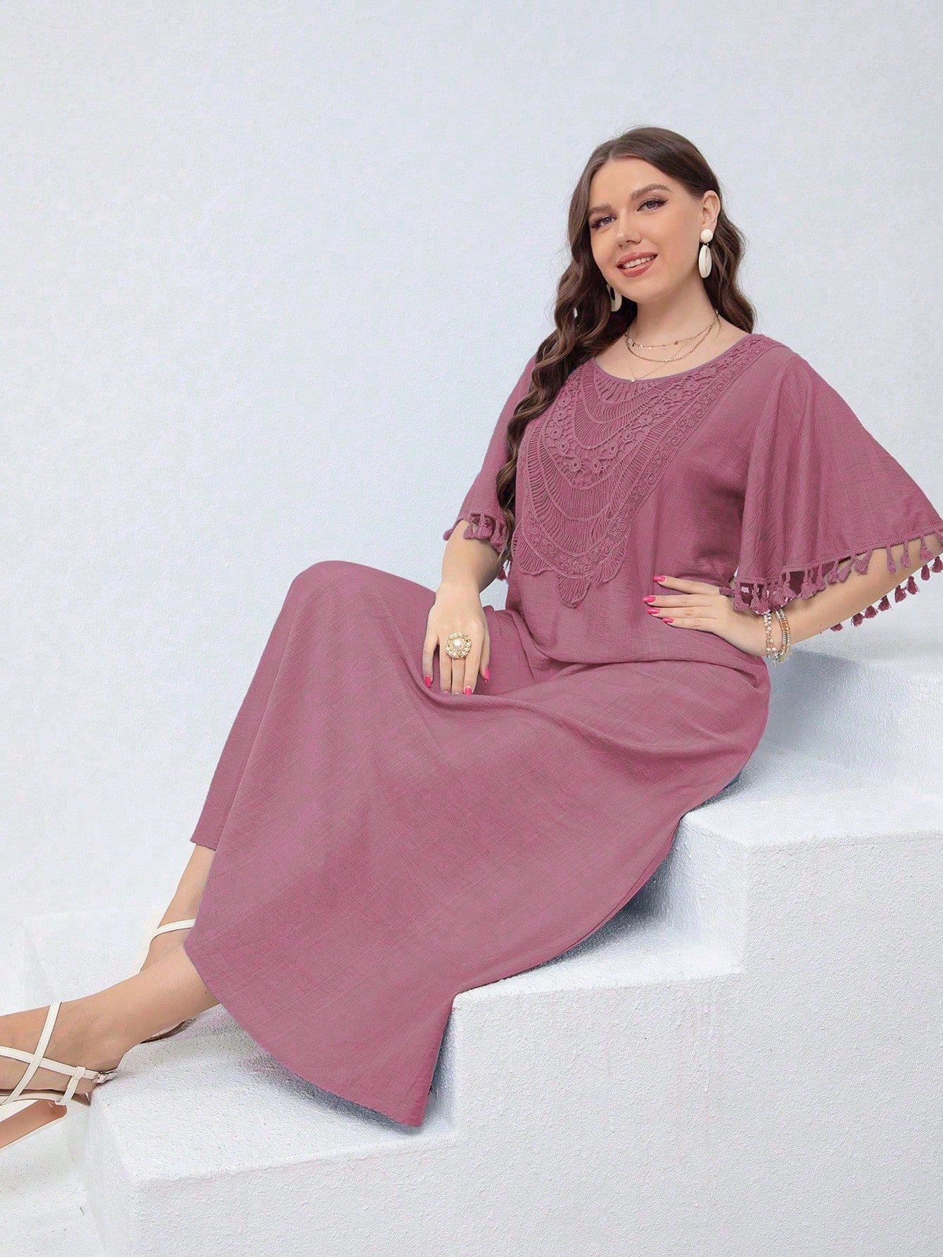 Embroidery Lace Front Tassel Sleeve Plus Size Dress