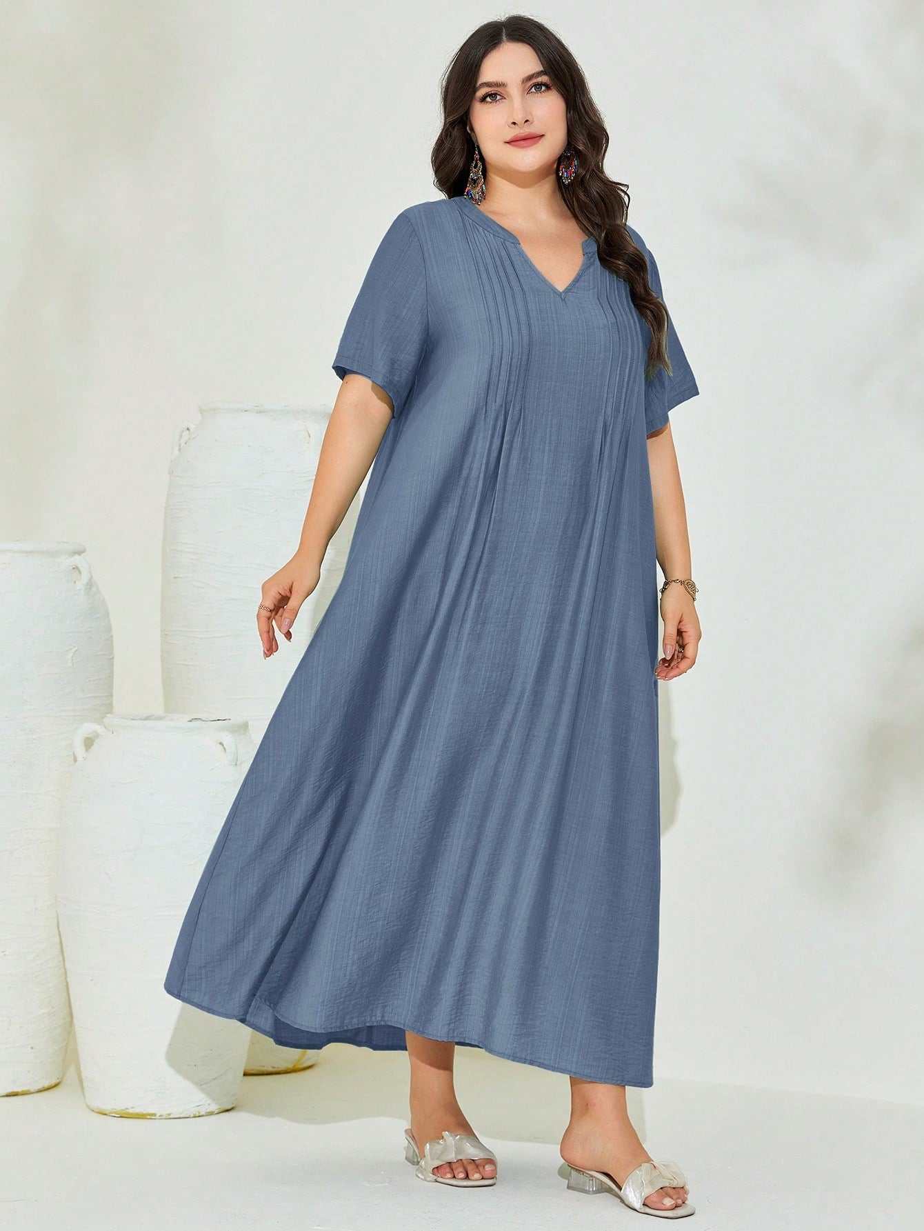 V-neck Pleated Line Plus Size Dress