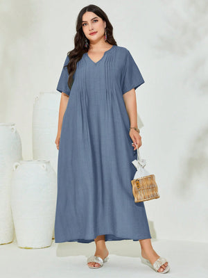 V-neck Pleated Line Plus Size Dress