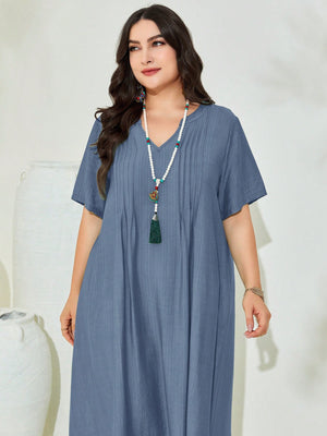 V-neck Pleated Line Plus Size Dress