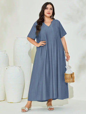 V-neck Pleated Line Plus Size Dress