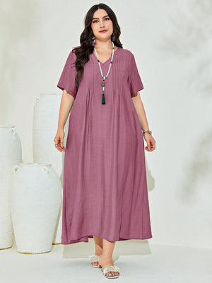 V-neck Pleated Line Plus Size Dress