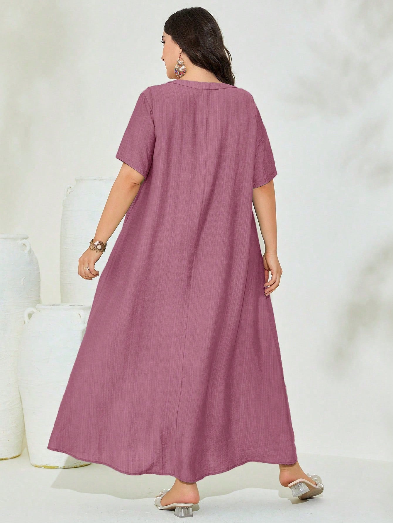 V-neck Pleated Line Plus Size Dress