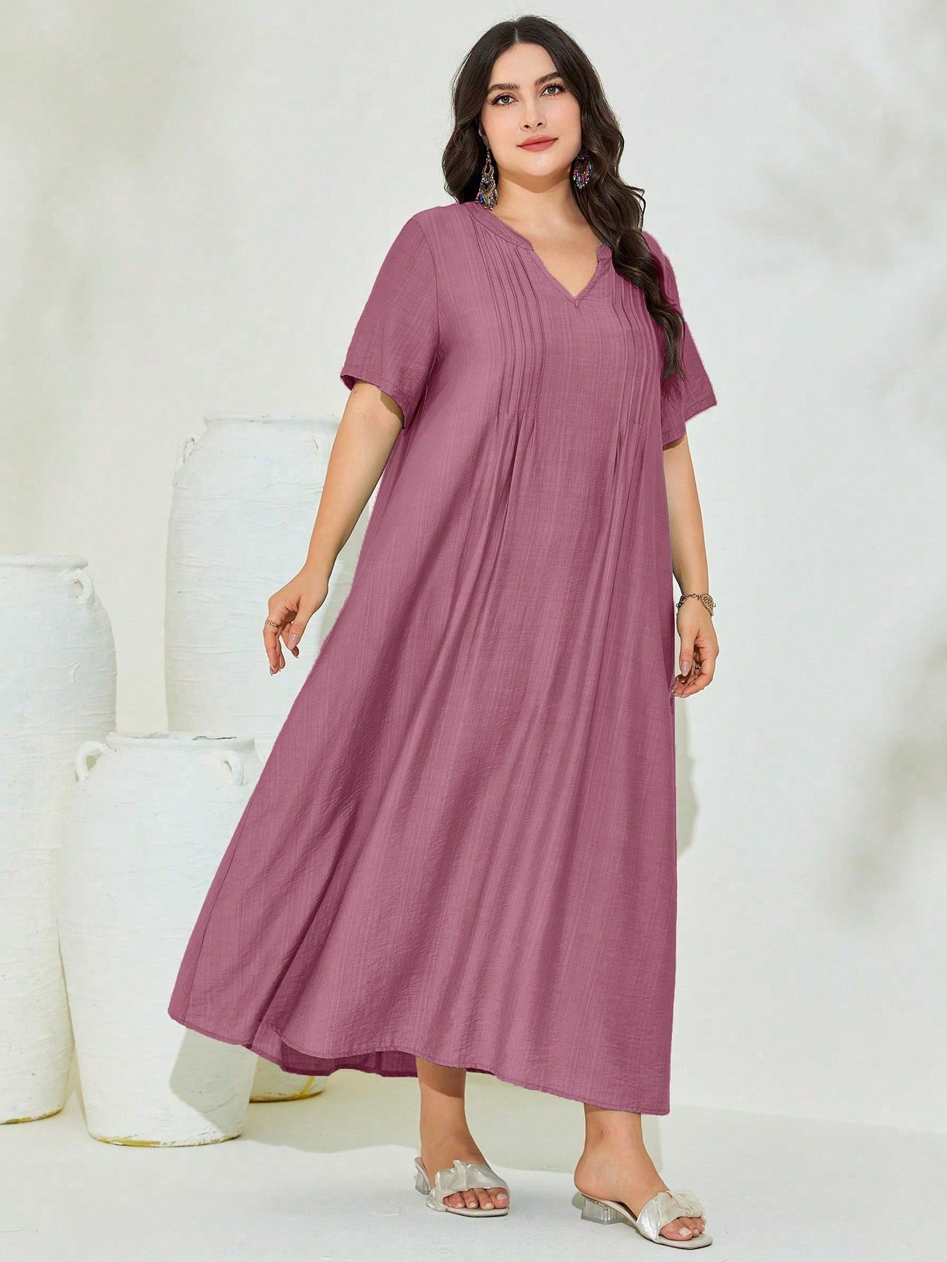 V-neck Pleated Line Plus Size Dress