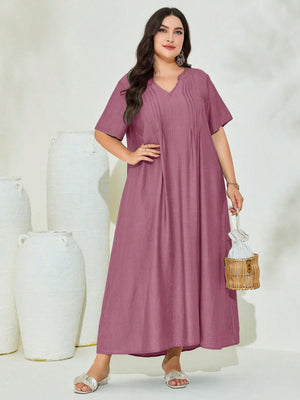 V-neck Pleated Line Plus Size Dress