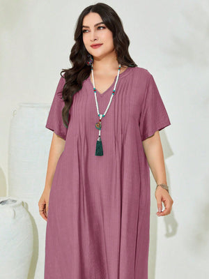 V-neck Pleated Line Plus Size Dress